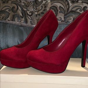Red suede platform heels